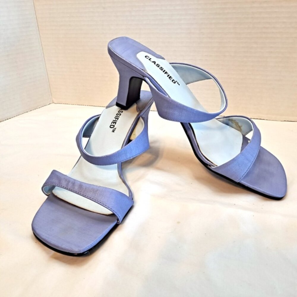VINTAGE NEW~ SATIN SHIMMER ~ KITTEN SLIP ON STRAPPY SEXY MULES ~ LAVENDER ~ SZ 8